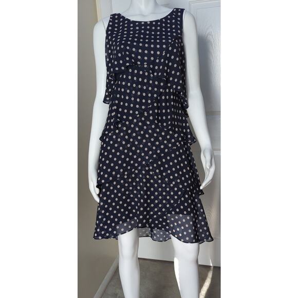 S.L.fashions Sleeveless Navy Tan Polka Dot Ruffled Sheer Tiered Shift Dress Sz 6 - Picture 1 of 8